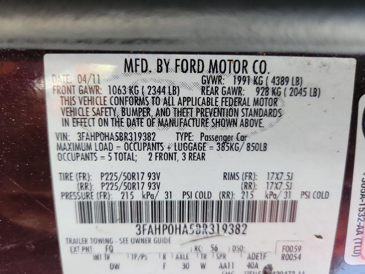 2011 Ford Fusion Se VIN: 3FAHP0HA5BR319382 Lot: 69841385