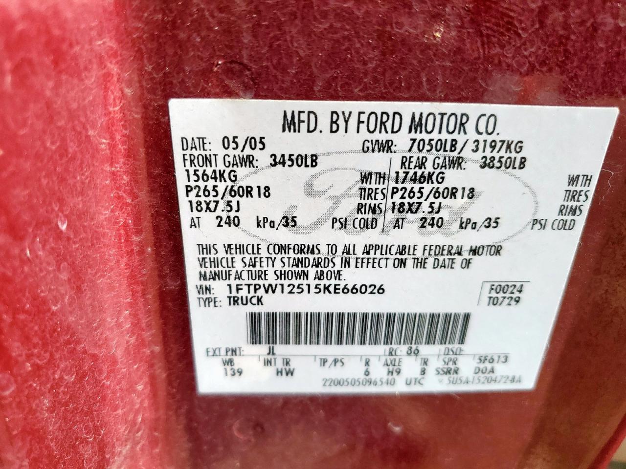 2005 Ford F150 Supercrew VIN: 1FTPW12515KE66026 Lot: 70691405