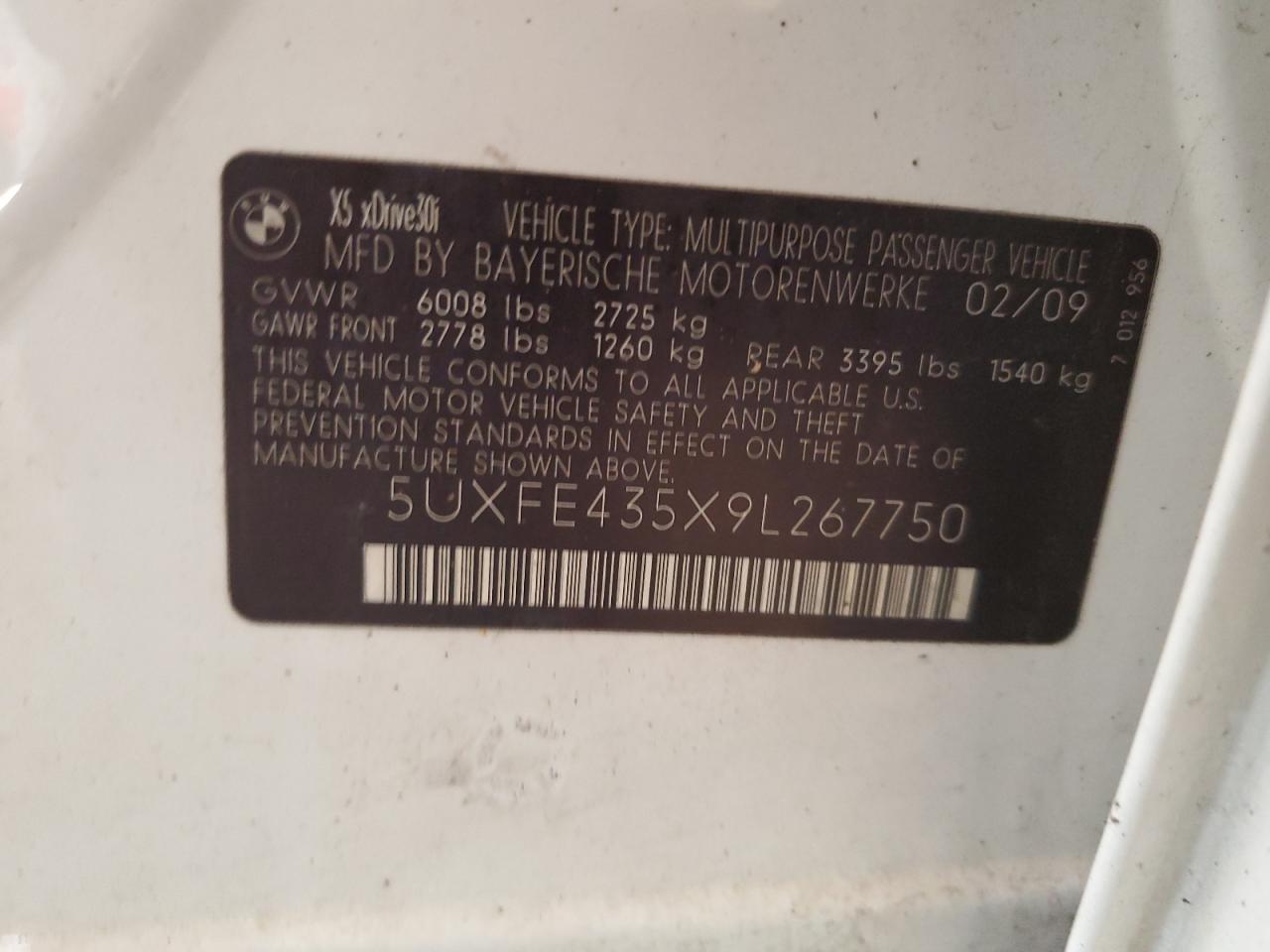 2009 BMW X5 xDrive30I VIN: 5UXFE435X9L267750 Lot: 69409215