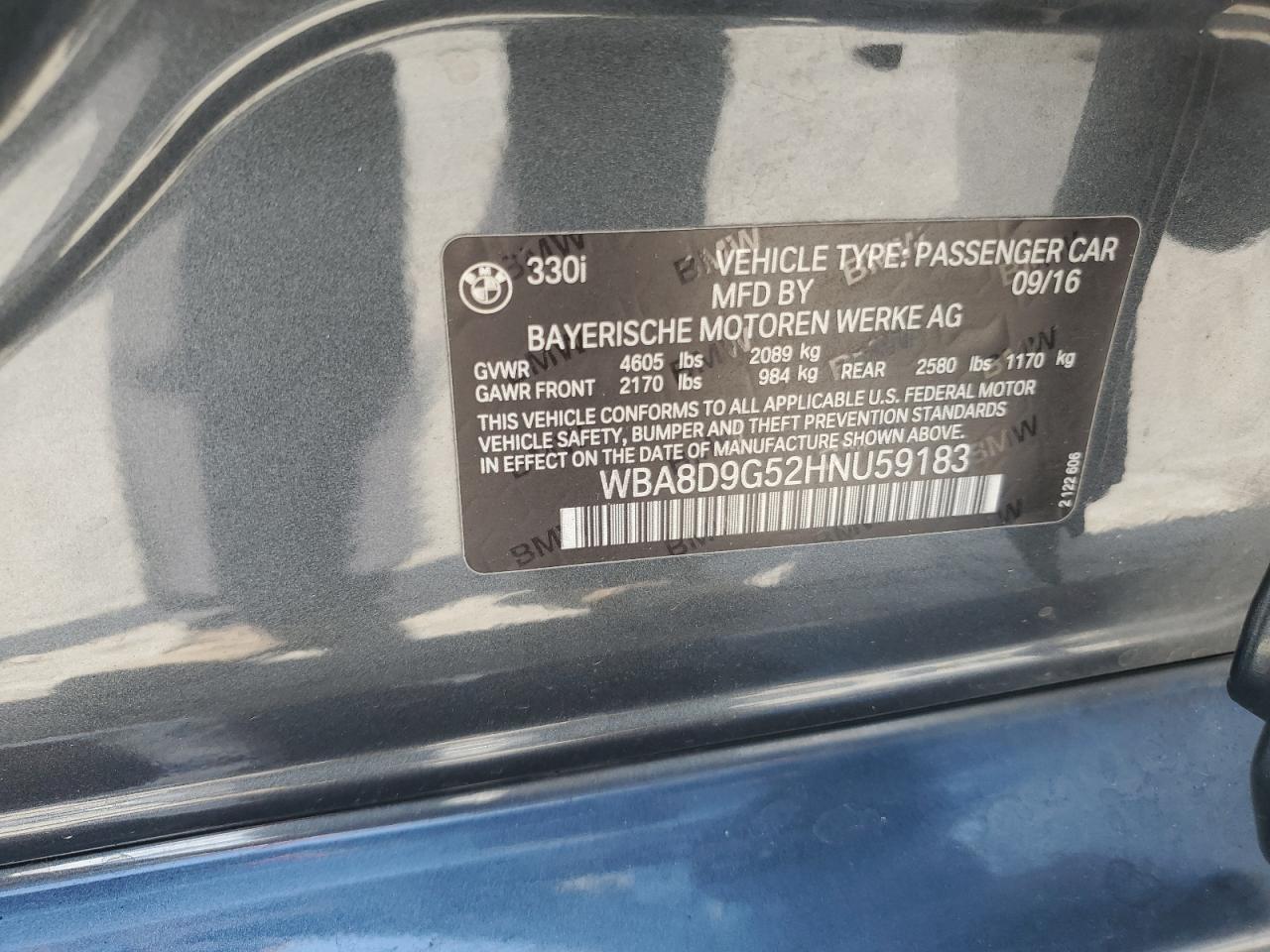 2017 BMW 330 Xi VIN: WBA8D9G52HNU59183 Lot: 69498555