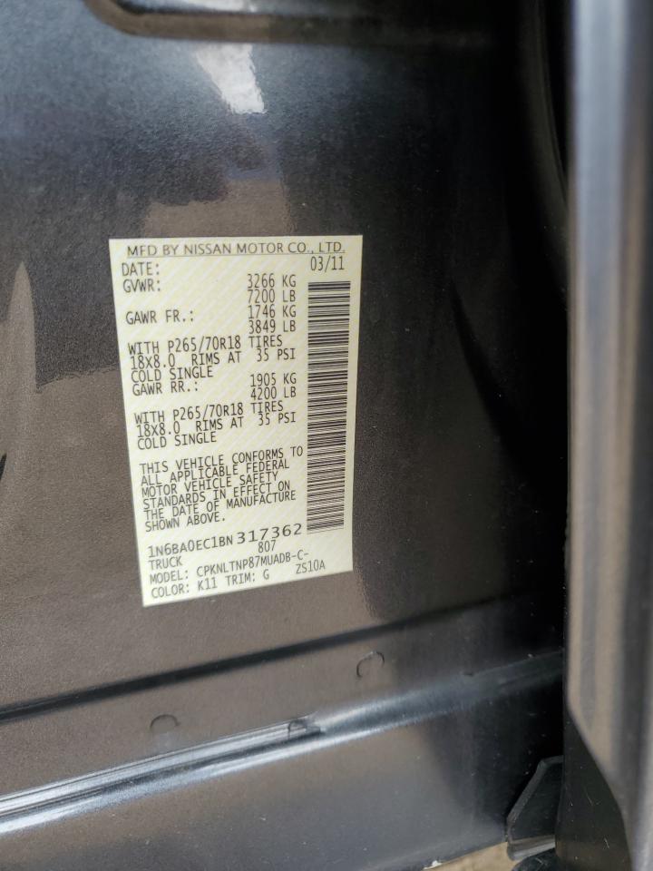 2011 Nissan Titan S VIN: 1N6BA0EC1BN317362 Lot: 70406645