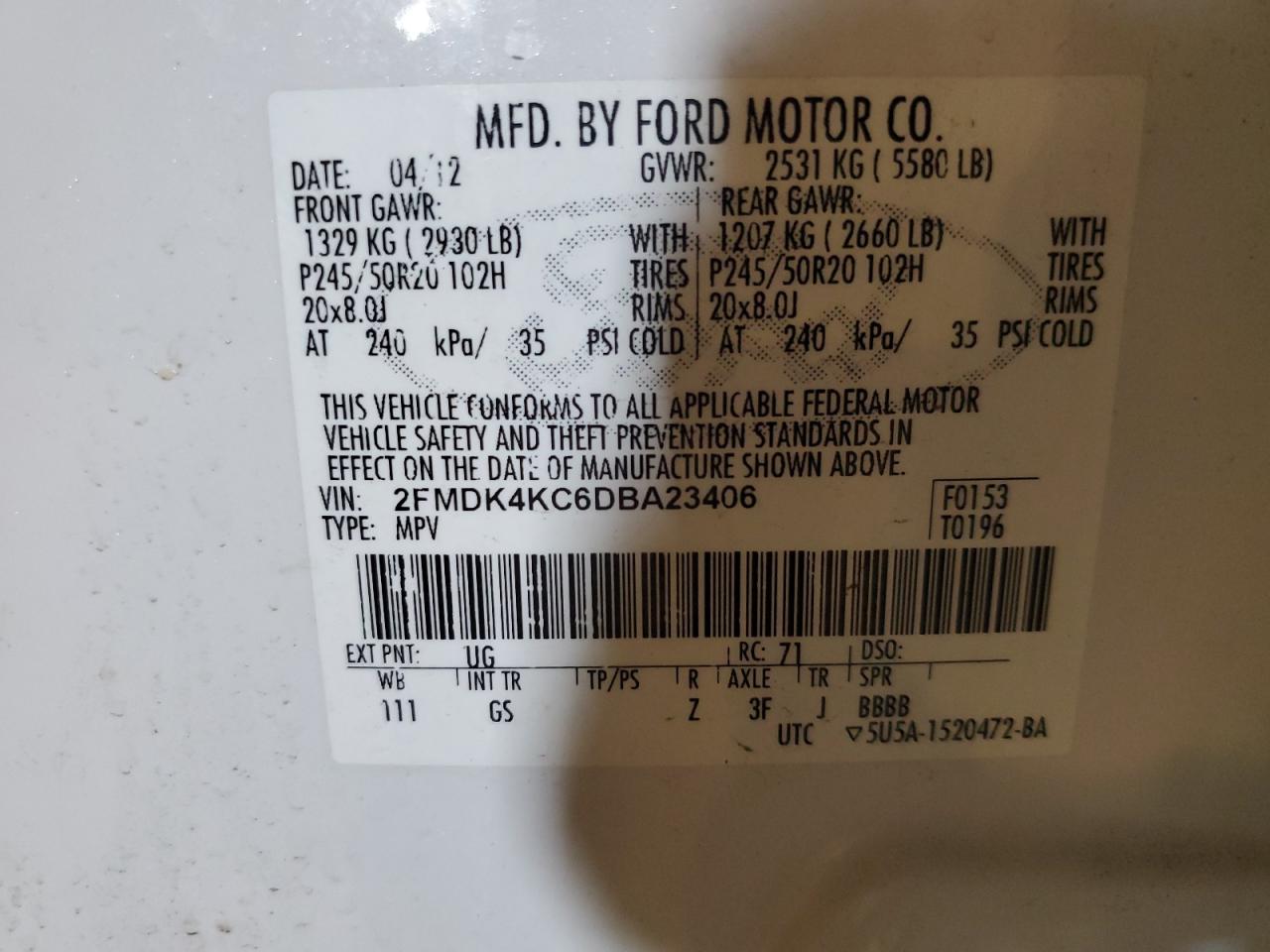 2013 Ford Edge Limited VIN: 2FMDK4KC6DBA23406 Lot: 70770405