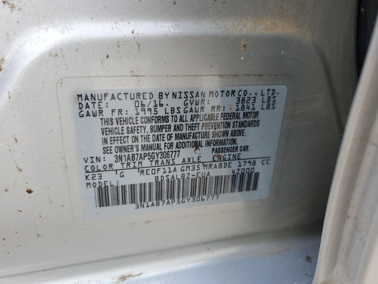 2016 Nissan Sentra S VIN: 3N1AB7AP5GY306777 Lot: 69553085