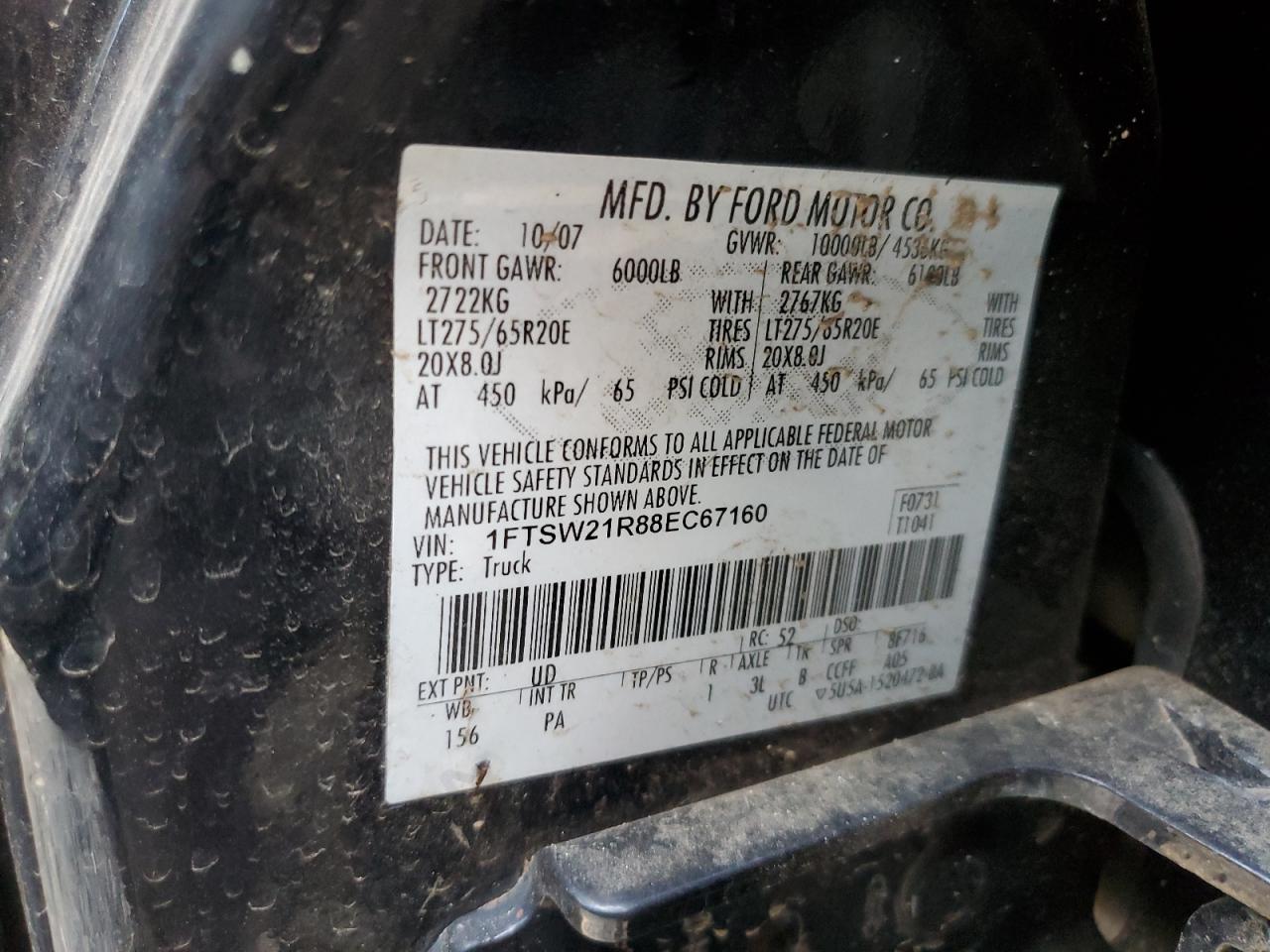 2008 Ford F250 Super Duty VIN: 1FTSW21R88EC67160 Lot: 70483455