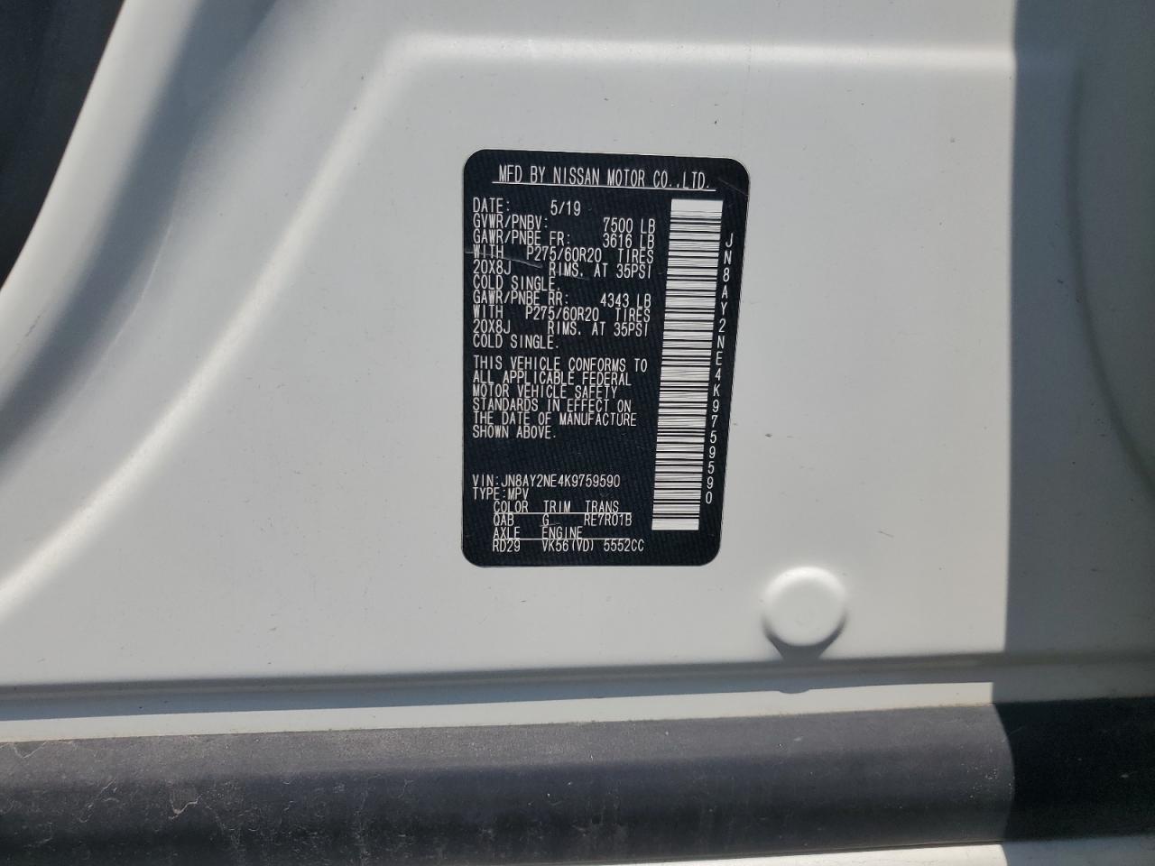 2019 Nissan Armada Platinum VIN: JN8AY2NE4K9759590 Lot: 68081895