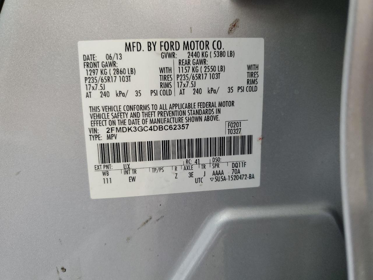 2013 Ford Edge Se VIN: 2FMDK3GC4DBC62357 Lot: 70264975