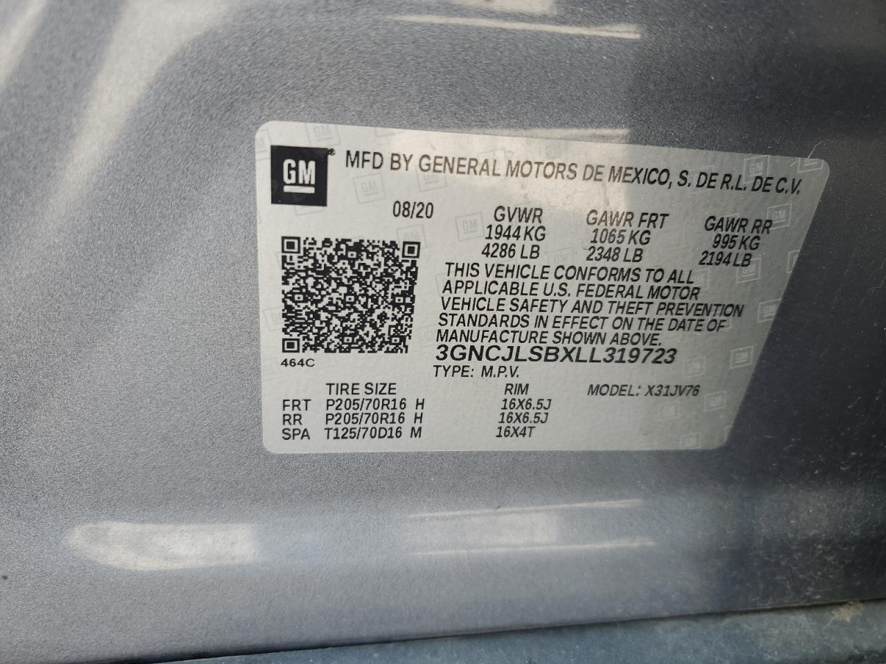2020 Chevrolet Trax 1Lt VIN: 3GNCJLSBXLL319723 Lot: 70468865