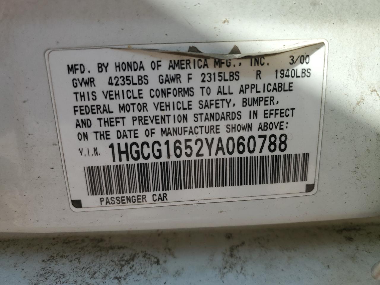 2000 Honda Accord Ex VIN: 1HGCG1652YA060788 Lot: 70179685