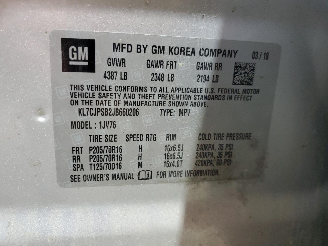 2018 Chevrolet Trax 1Lt VIN: KL7CJPSB2JB660206 Lot: 68769485