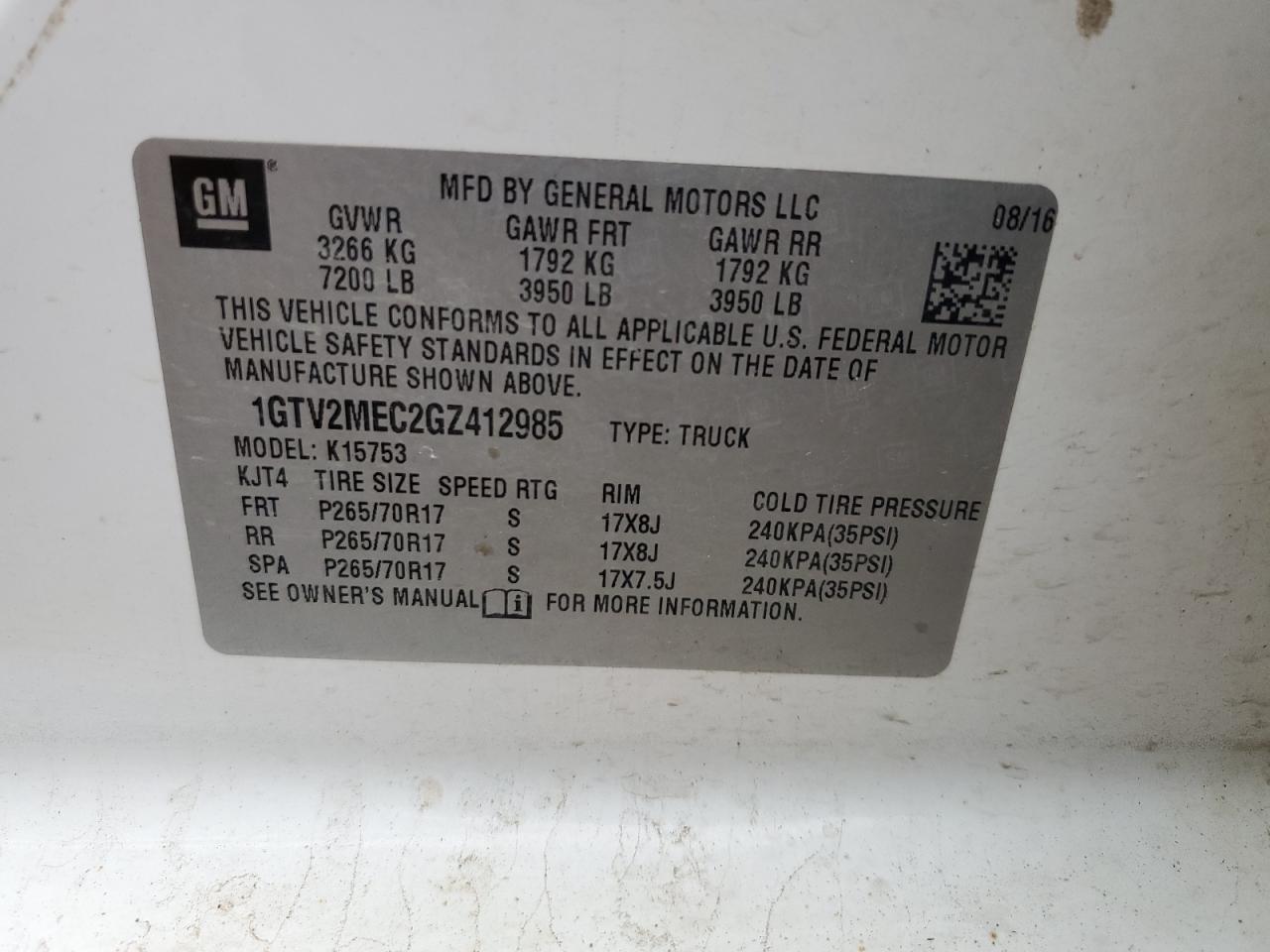 2016 GMC Sierra K1500 Sle VIN: 1GTV2MEC2GZ412985 Lot: 69856675