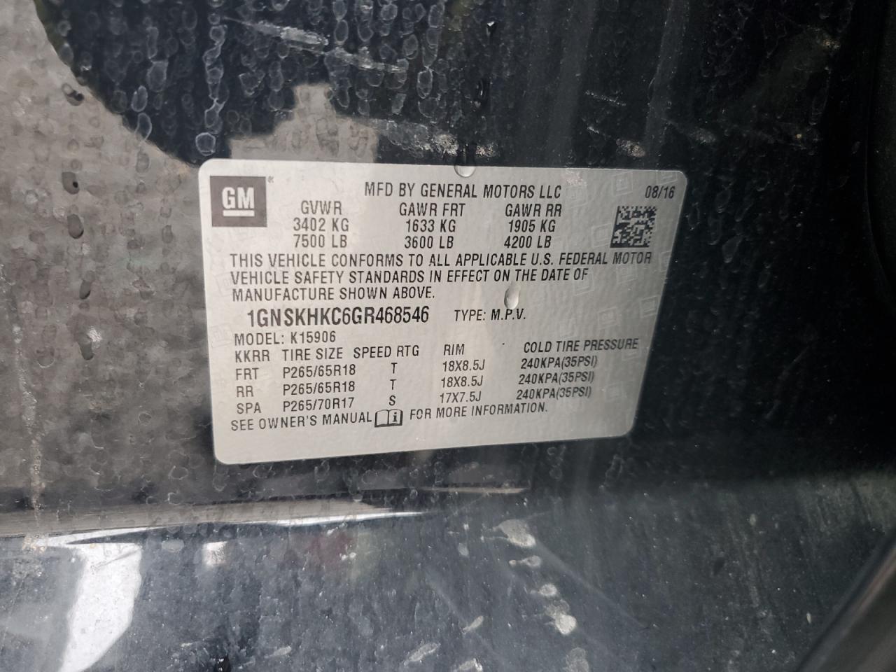 2016 Chevrolet Suburban K1500 Lt VIN: 1GNSKHKC6GR468546 Lot: 69503605