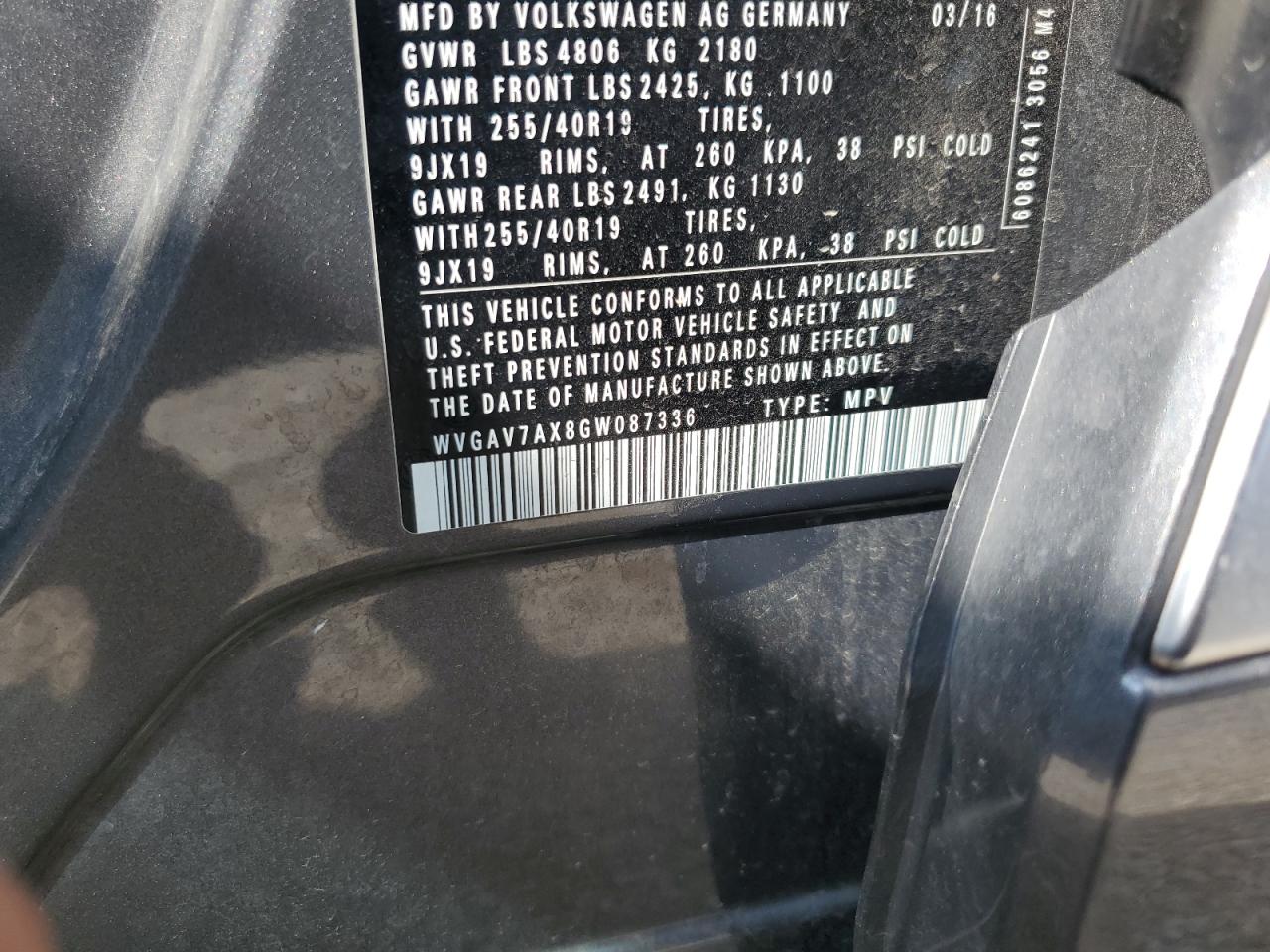 2016 Volkswagen Tiguan S VIN: WVGAV7AX8GW087336 Lot: 70038545
