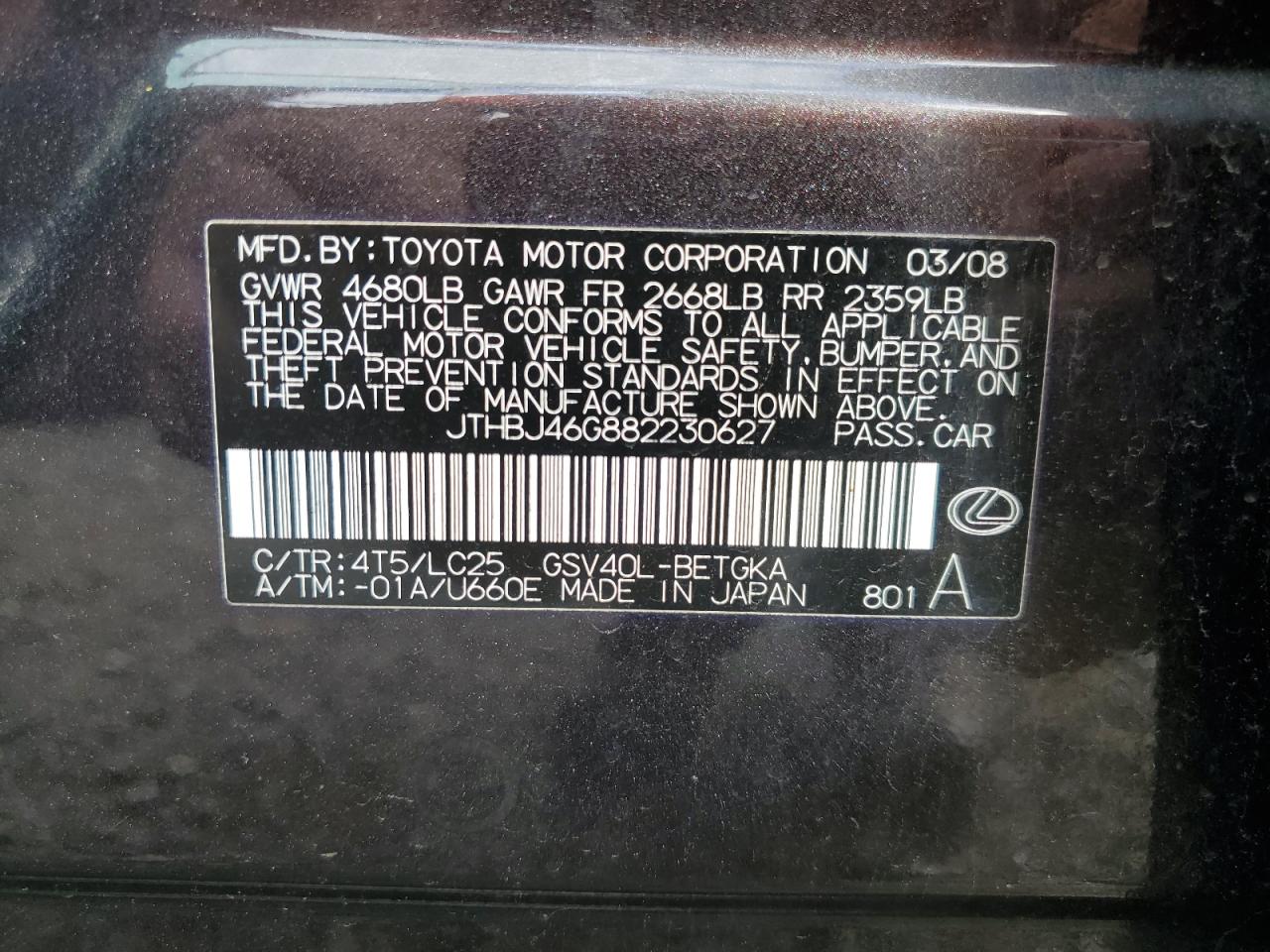 2008 Lexus Es 350 VIN: JTHBJ46G882230627 Lot: 70100145