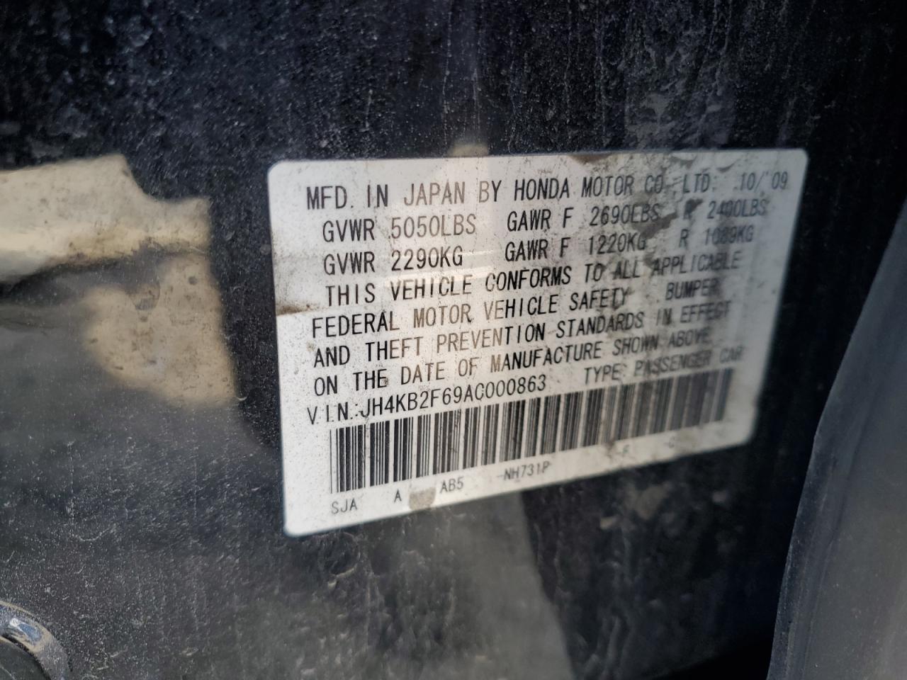 2010 Acura Rl VIN: JH4KB2F69AC000863 Lot: 67819325