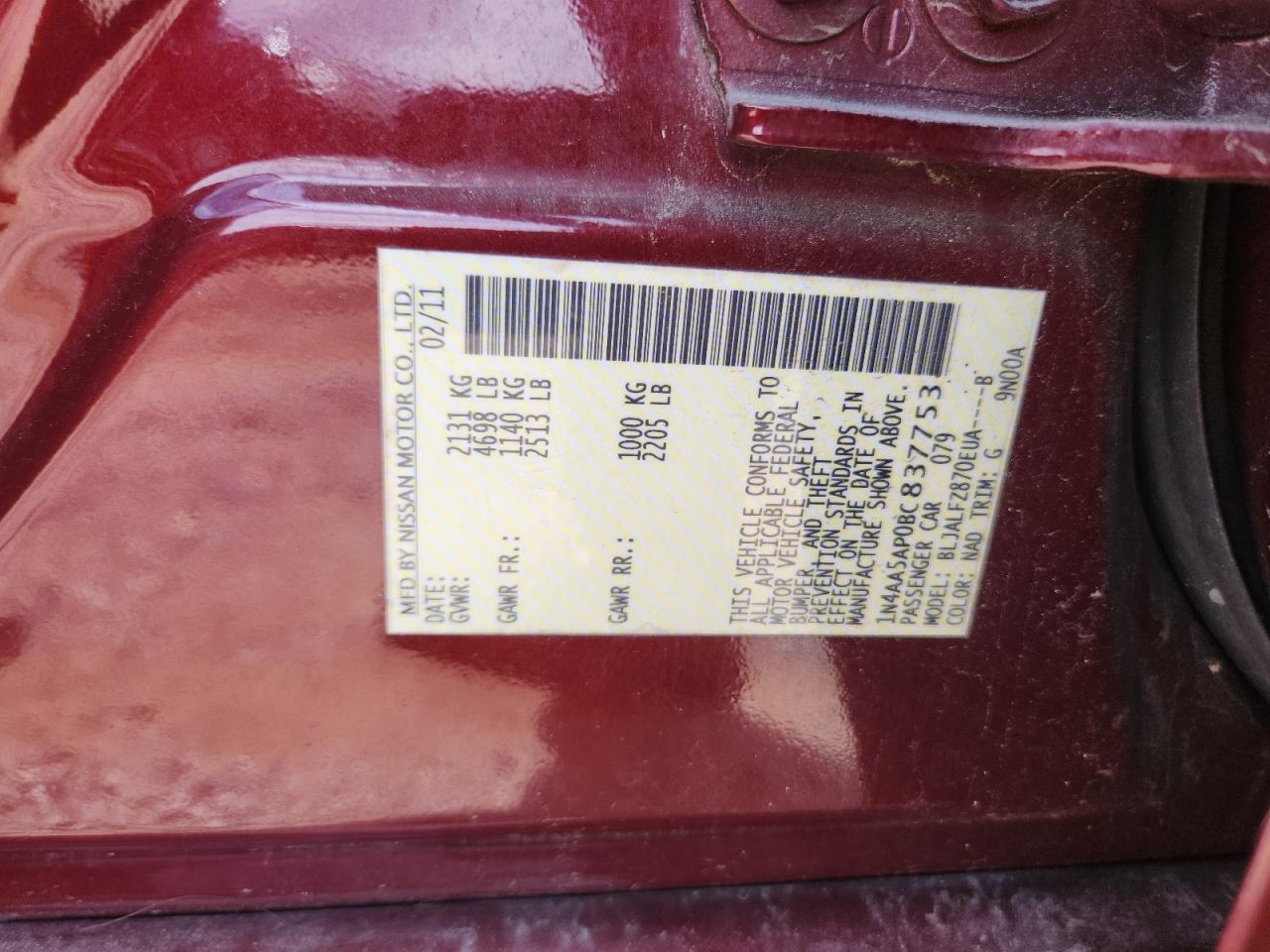 2011 Nissan Maxima S VIN: 1N4AA5AP0BC837753 Lot: 68897975
