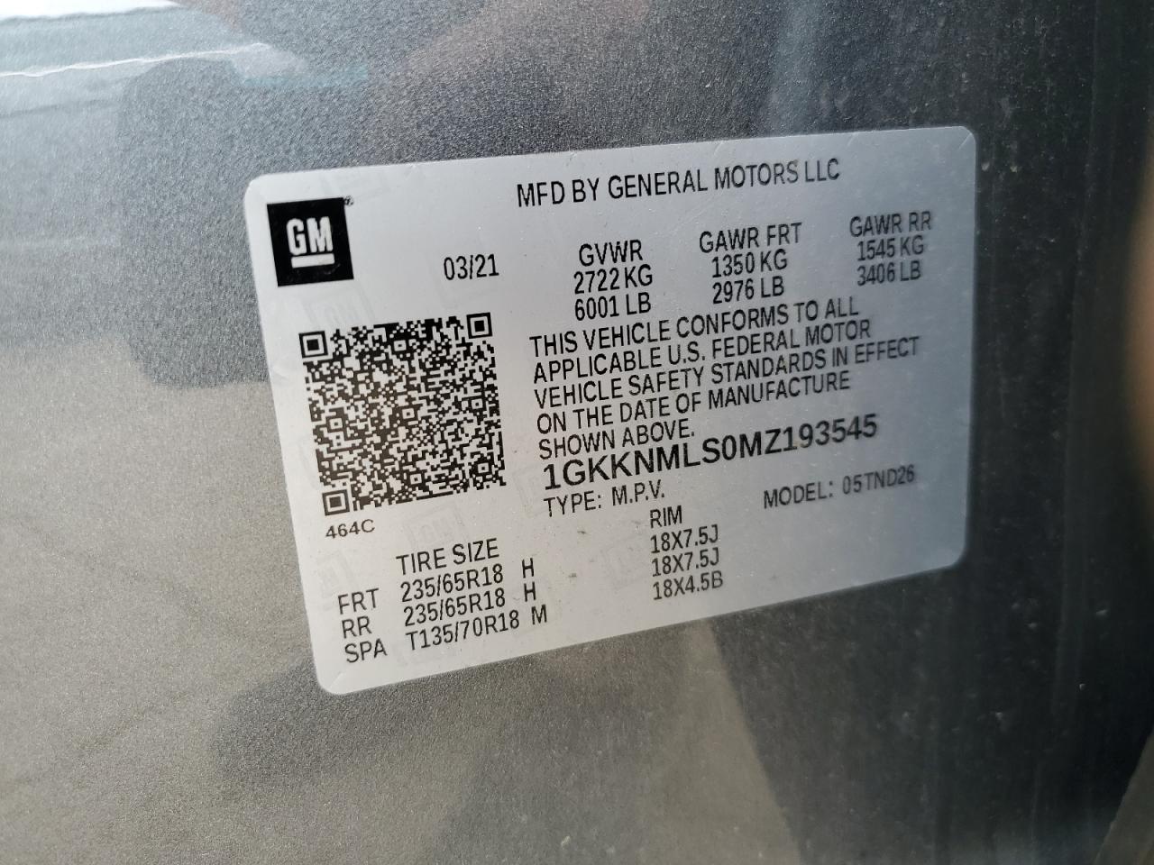 2021 GMC Acadia Slt VIN: 1GKKNMLS0MZ193545 Lot: 70705515