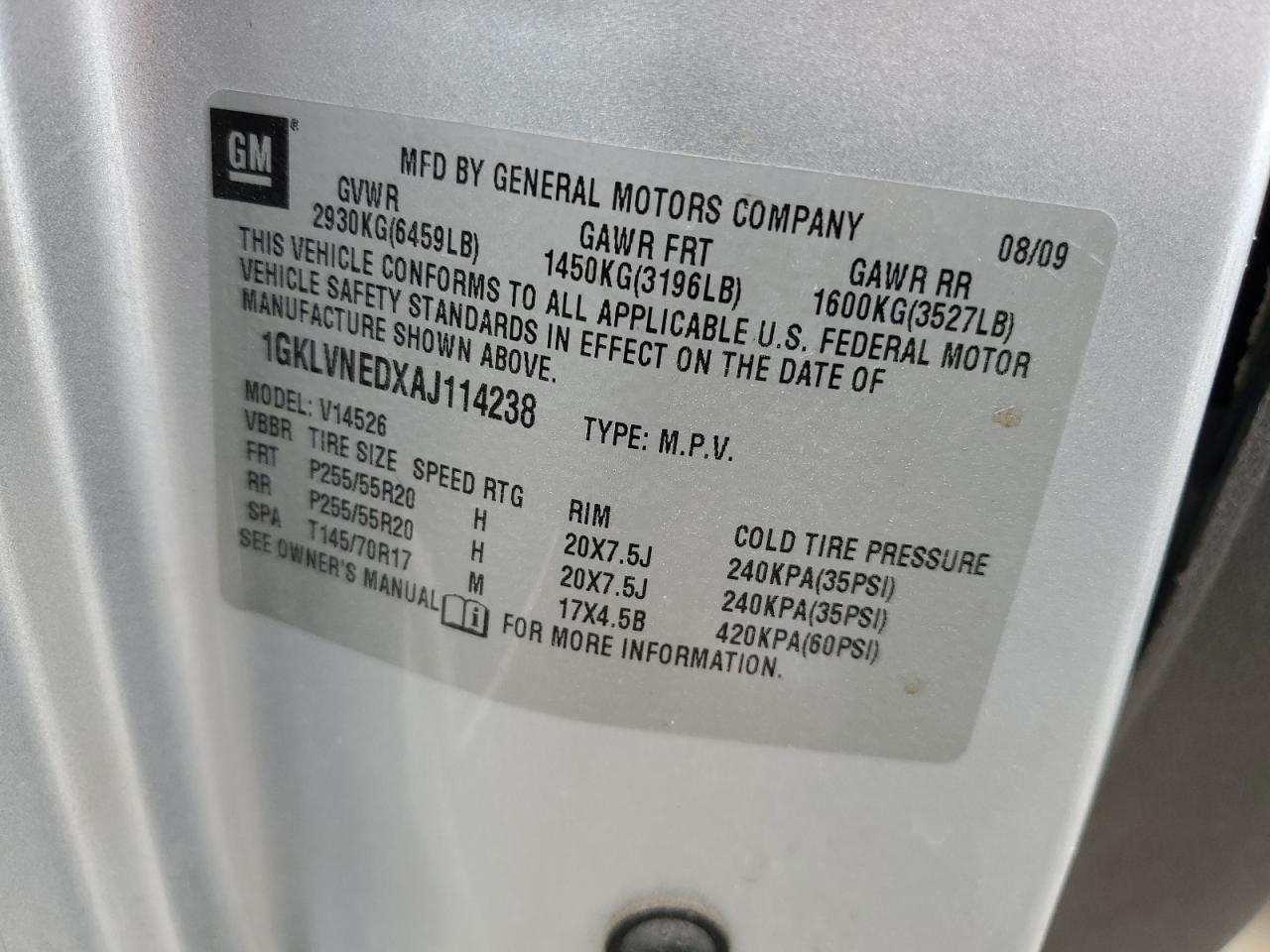 2010 GMC Acadia Slt-2 VIN: 1GKLVNEDXAJ114238 Lot: 70544935