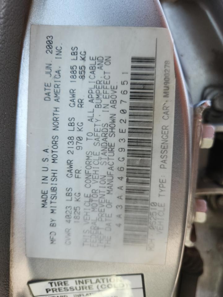 2003 Mitsubishi Galant Es VIN: 4A3AA46G93E207651 Lot: 70942565