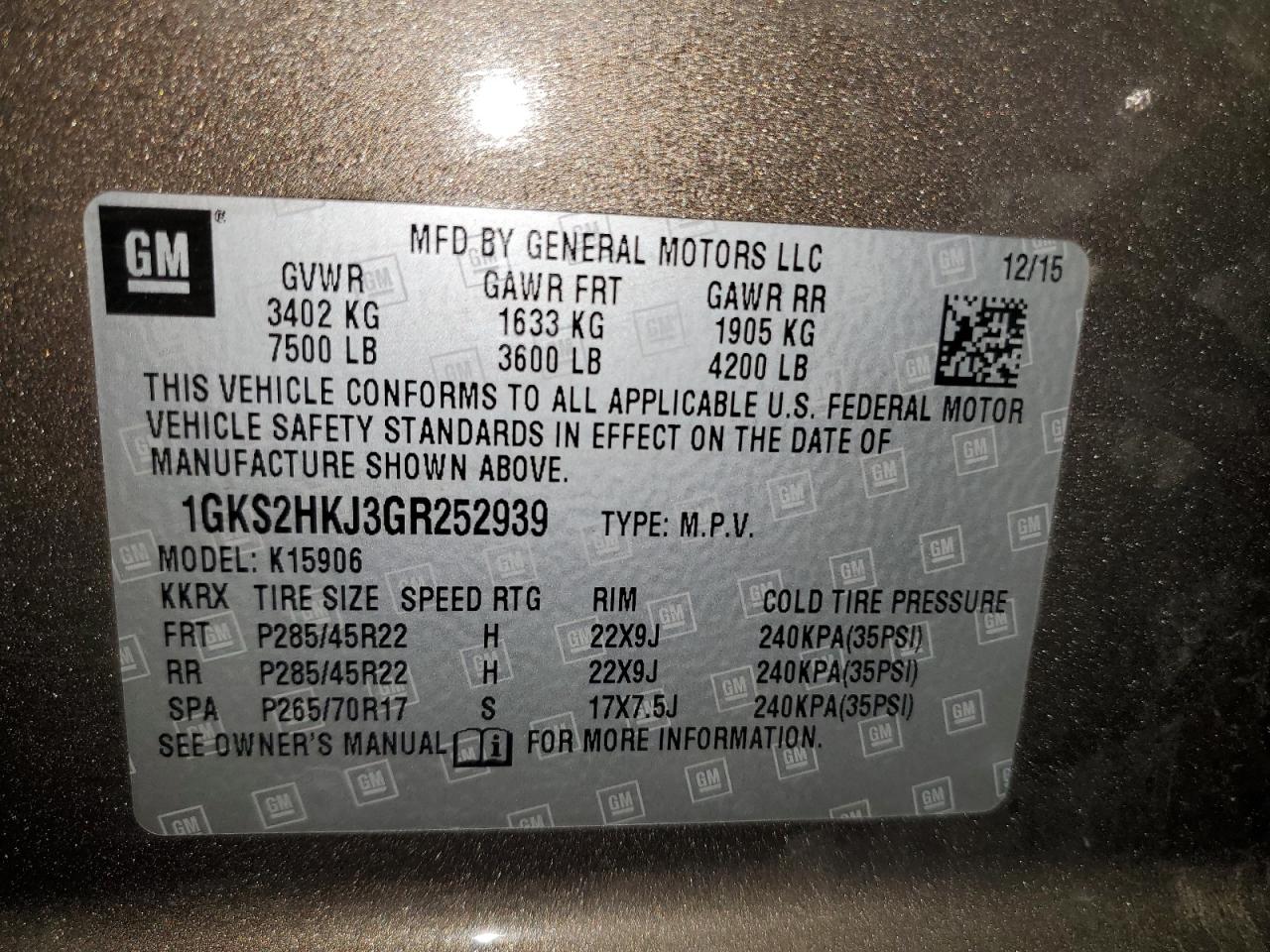 2016 GMC Yukon Xl Denali VIN: 1GKS2HKJ3GR252939 Lot: 66951405