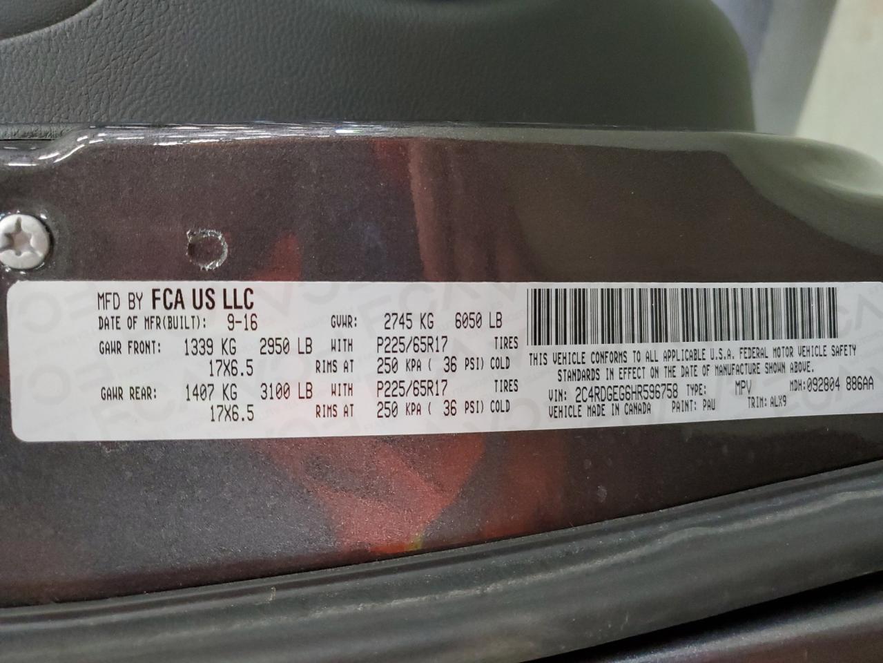 2017 Dodge Grand Caravan Gt VIN: 2C4RDGEG6HR596758 Lot: 70950325