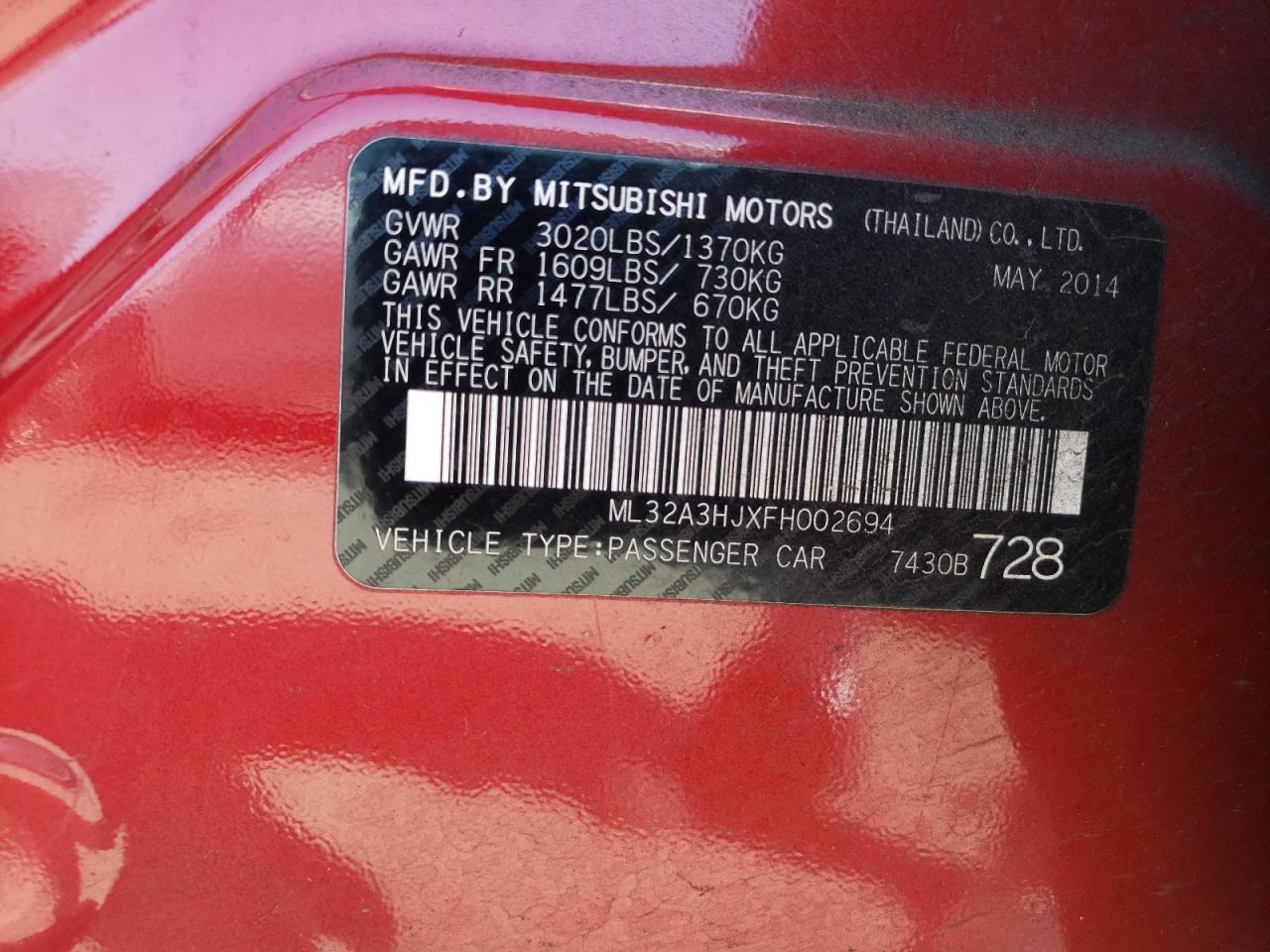 2015 Mitsubishi Mirage De VIN: ML32A3HJXFH002694 Lot: 68262105