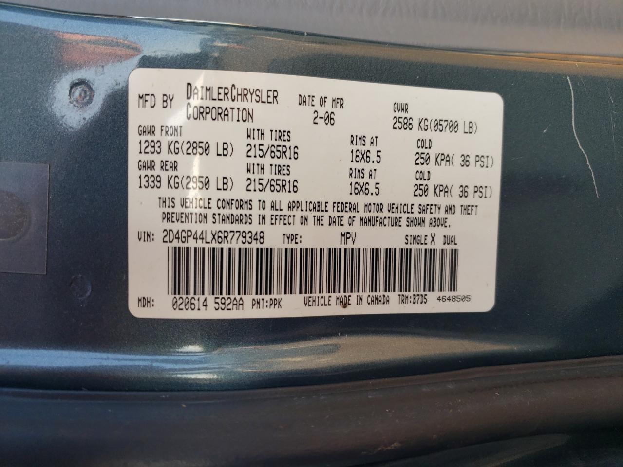 2006 Dodge Grand Caravan Sxt VIN: 2D4GP44LX6R779348 Lot: 69180795