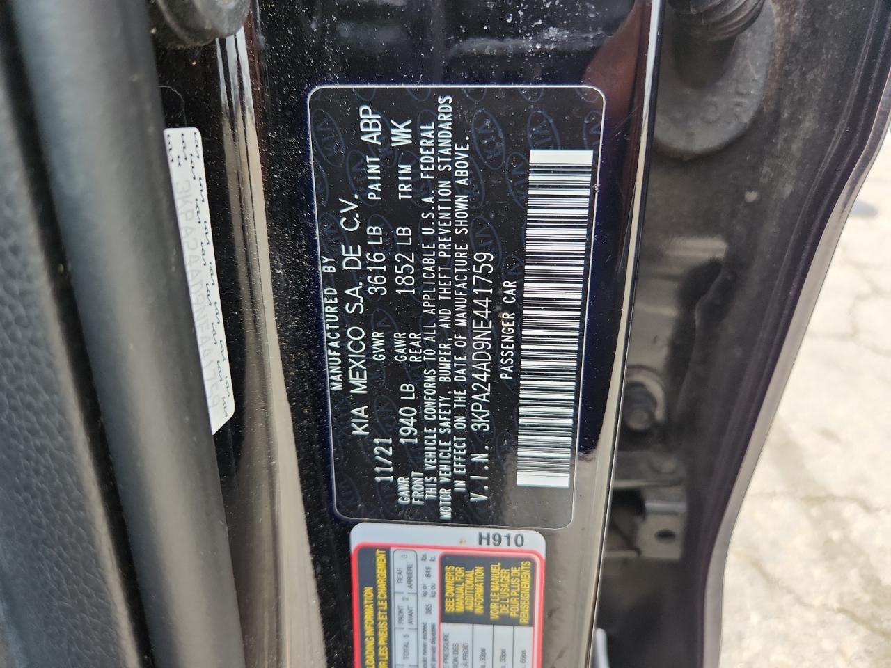 2022 Kia Rio Lx VIN: 3KPA24AD9NE441759 Lot: 70675195