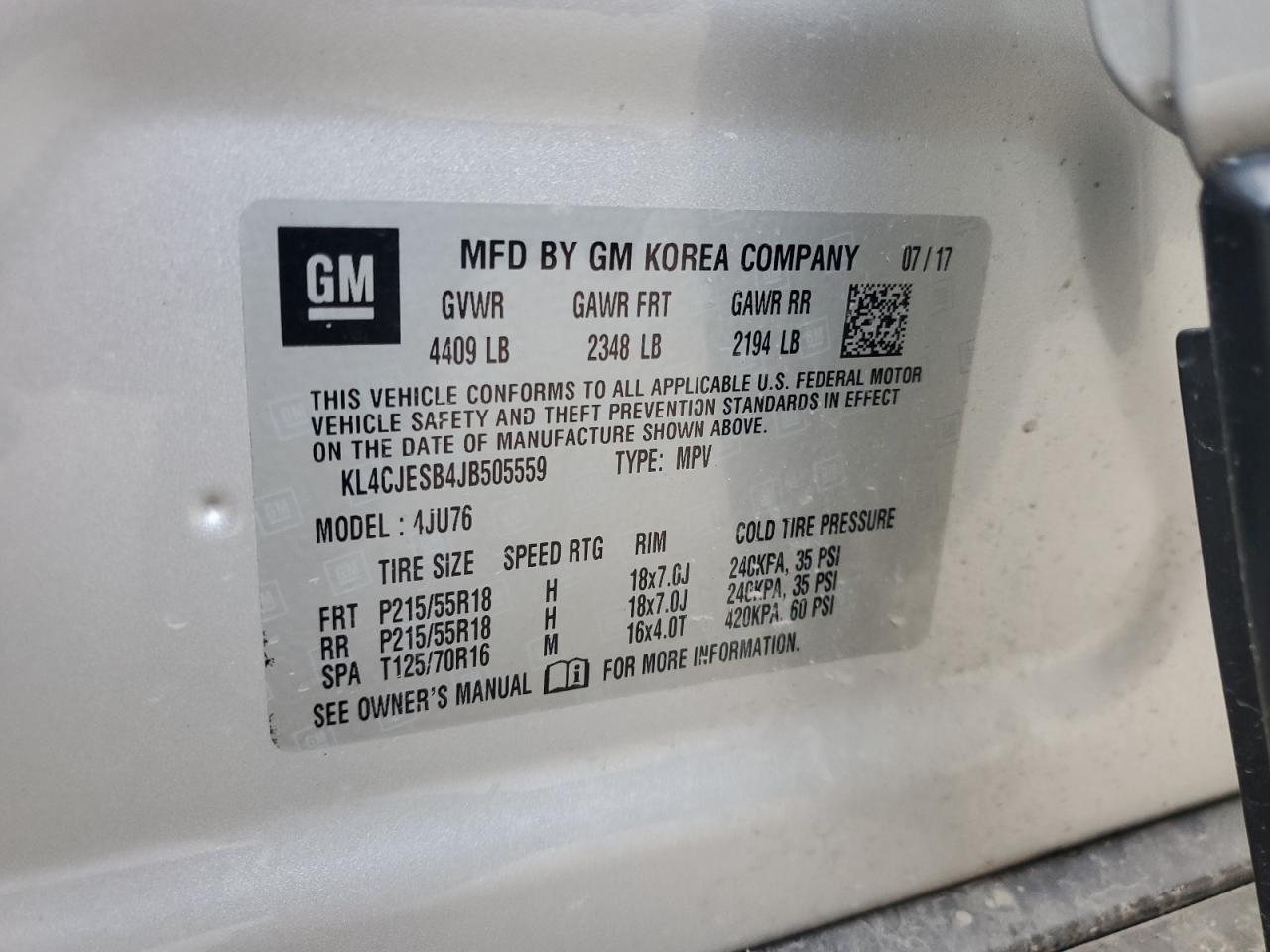 2018 Buick Encore Preferred VIN: KL4CJESB4JB505559 Lot: 69281485