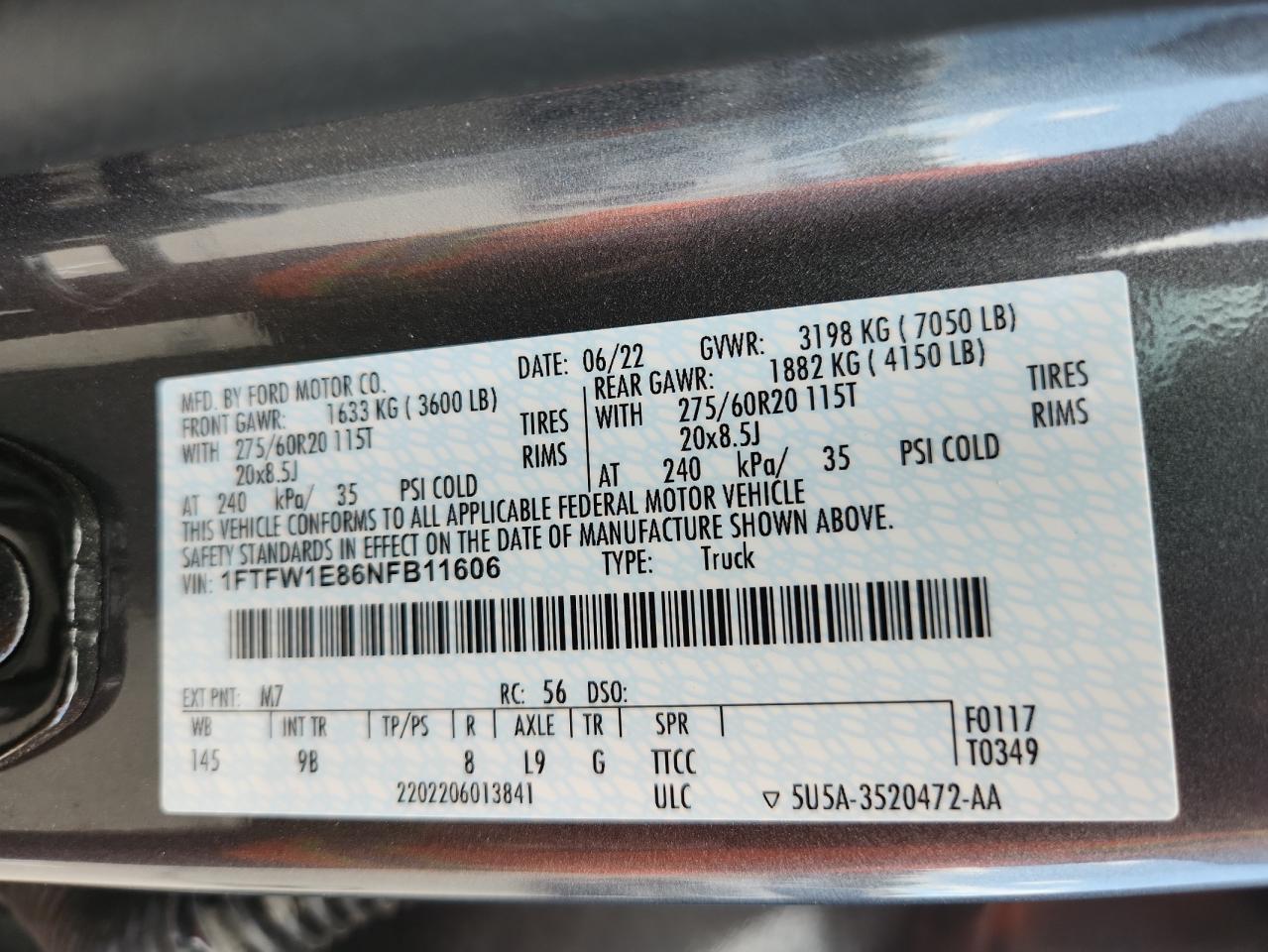2022 Ford F150 Supercrew VIN: 1FTFW1E86NFB11606 Lot: 70384775