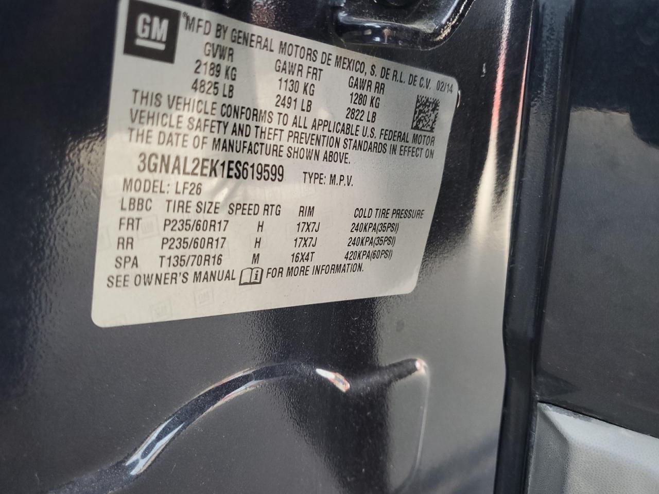 2014 Chevrolet Captiva Ls VIN: 3GNAL2EK1ES619599 Lot: 68996085