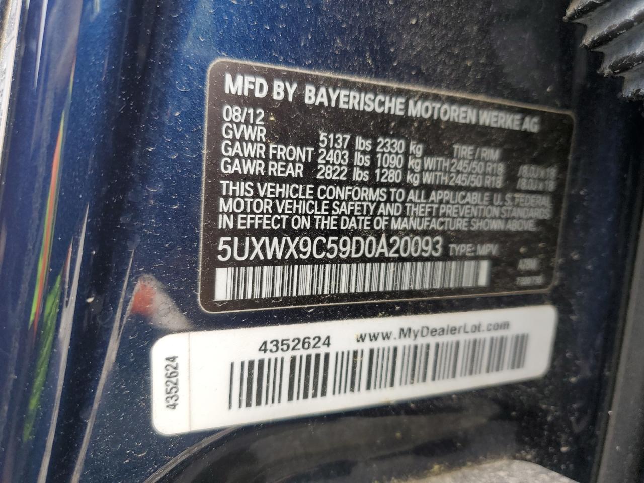 2013 BMW X3 xDrive28I VIN: 5UXWX9C59D0A20093 Lot: 67141265