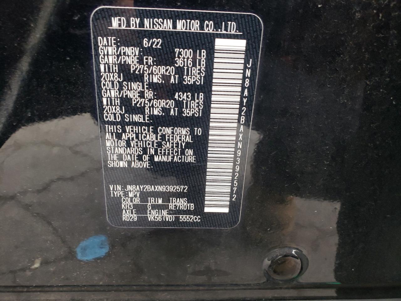 2022 Nissan Armada Sl VIN: JN8AY2BAXN9392572 Lot: 69220335