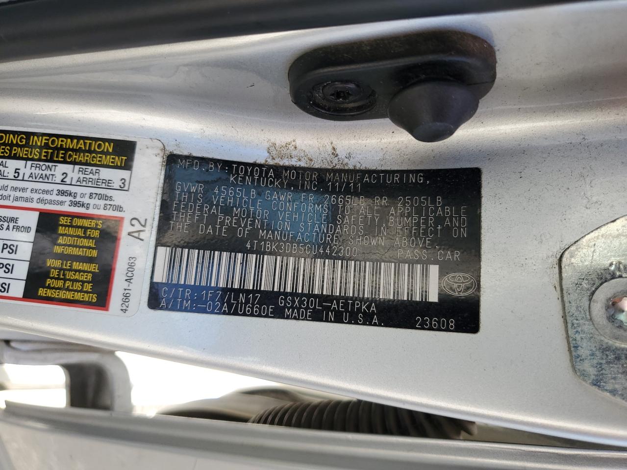 2012 Toyota Avalon Base VIN: 4T1BK3DB5CU442300 Lot: 70411165