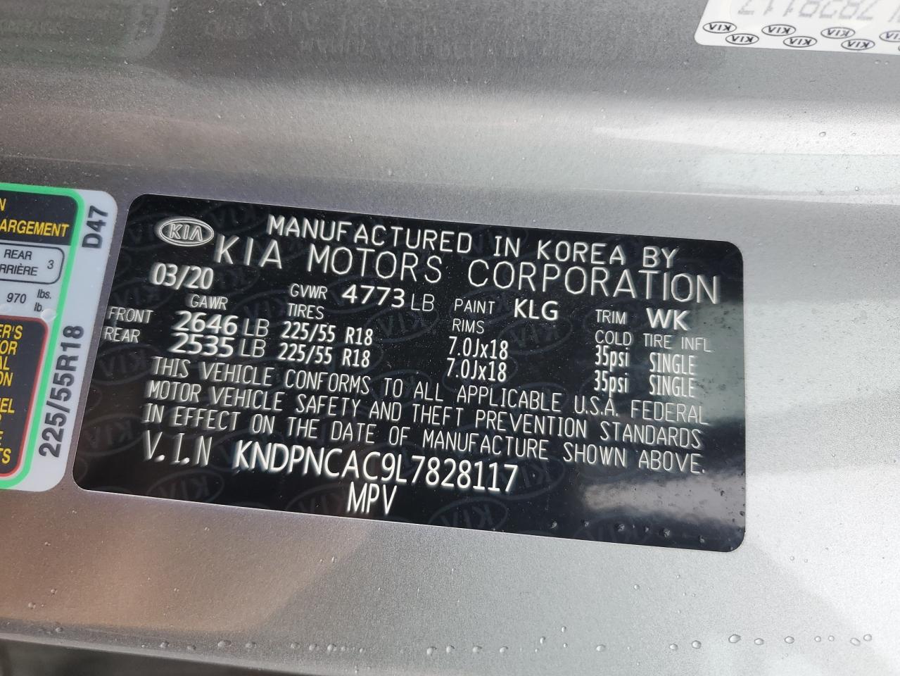 2020 Kia Sportage Ex VIN: KNDPNCAC9L7828117 Lot: 69398755