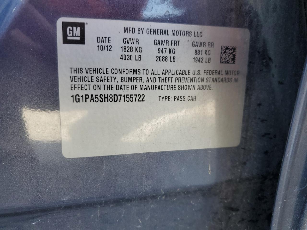 2013 Chevrolet Cruze Ls VIN: 1G1PA5SH8D7155722 Lot: 70463235