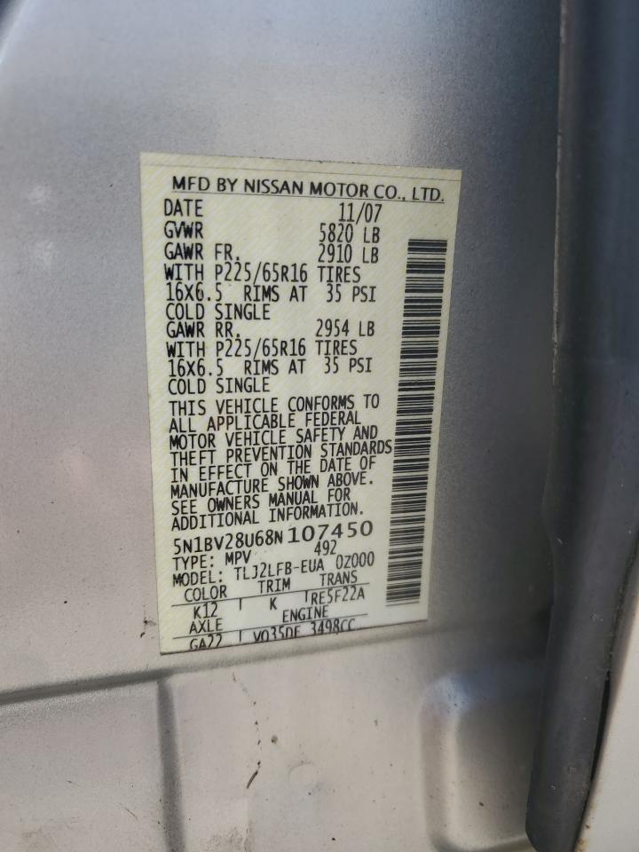 2008 Nissan Quest S VIN: 5N1BV28U68N107450 Lot: 70590145