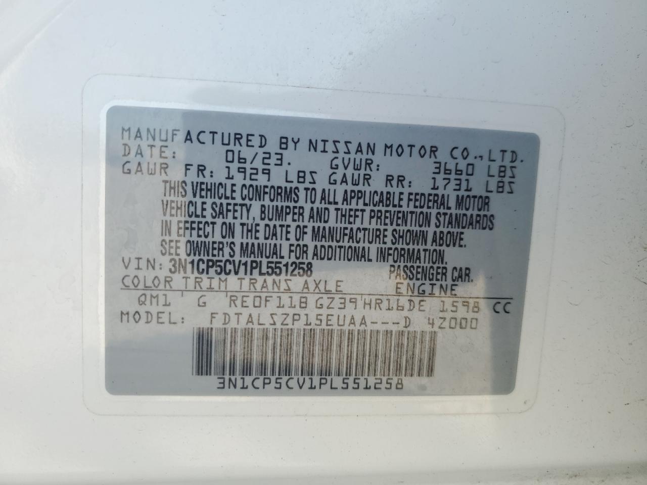 2023 Nissan Kicks Sv VIN: 3N1CP5CV1PL551258 Lot: 70509135