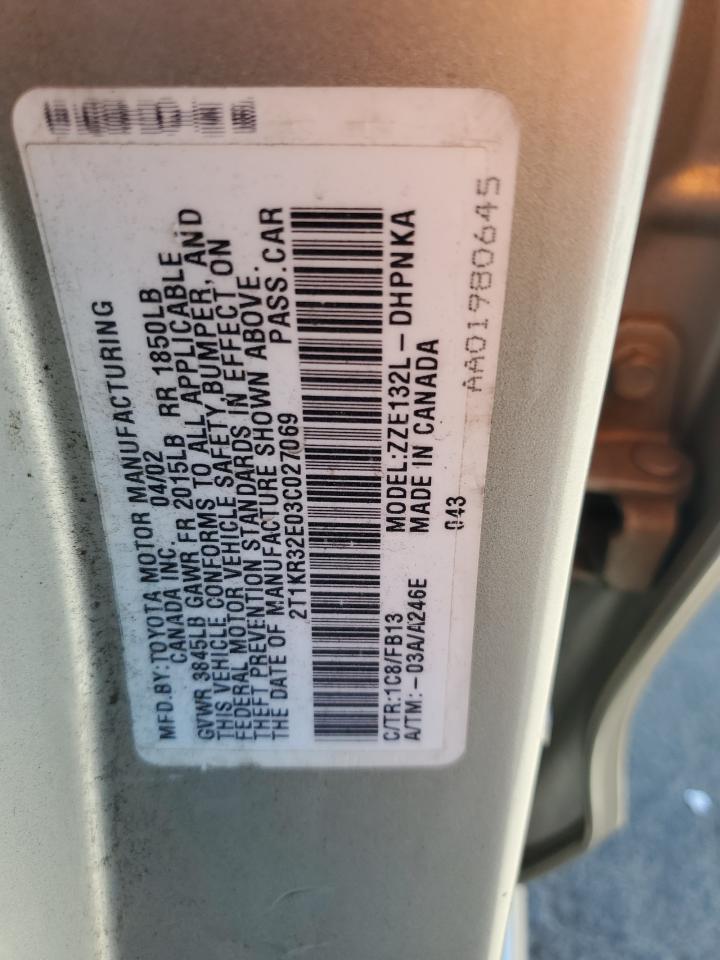 2003 Toyota Corolla Matrix Xr VIN: 2T1KR32E03C027069 Lot: 68049615