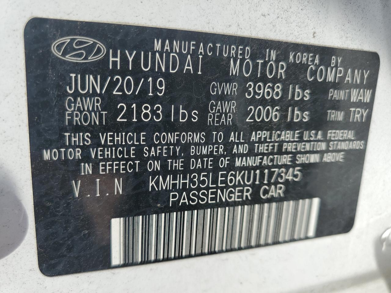 2019 Hyundai Elantra Gt VIN: KMHH35LE6KU117345 Lot: 67414365
