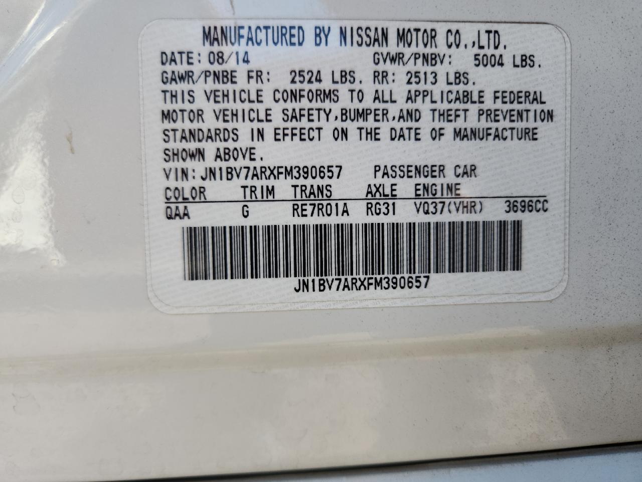 2015 Infiniti Q50 Base VIN: JN1BV7ARXFM390657 Lot: 69918285