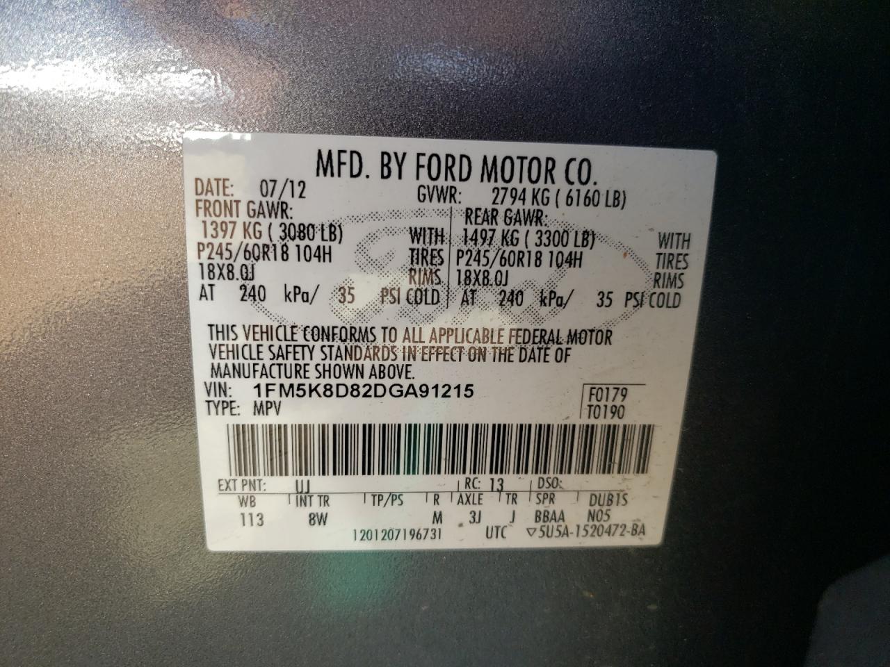 2013 Ford Explorer Xlt VIN: 1FM5K8D82DGA91215 Lot: 70052655