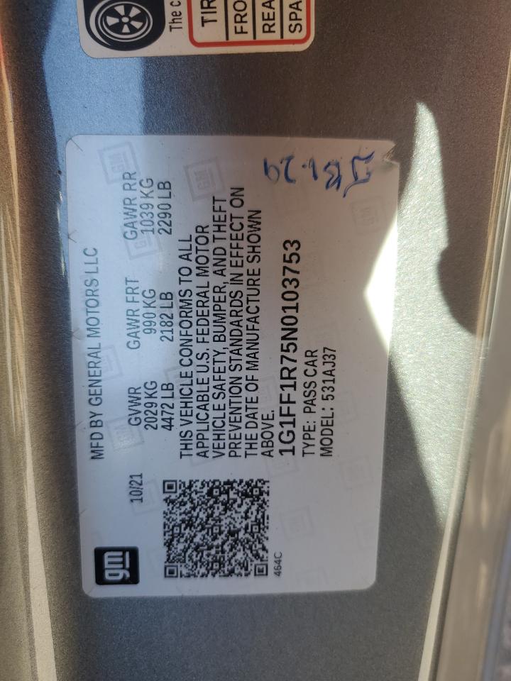 2022 Chevrolet Camaro Lt1 VIN: 1G1FF1R75N0103753 Lot: 70450935