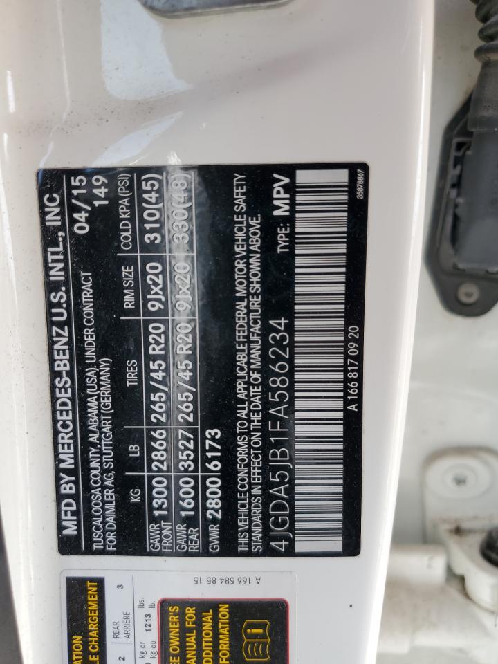 2015 Mercedes-Benz Ml 350 VIN: 4JGDA5JB1FA586234 Lot: 70736255