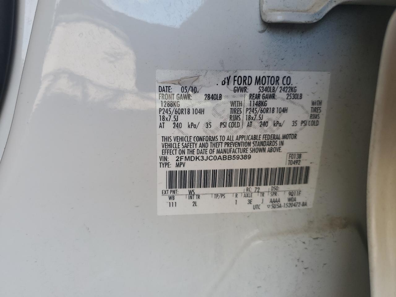 2010 Ford Edge Sel VIN: 2FMDK3JC0ABB59389 Lot: 70498555