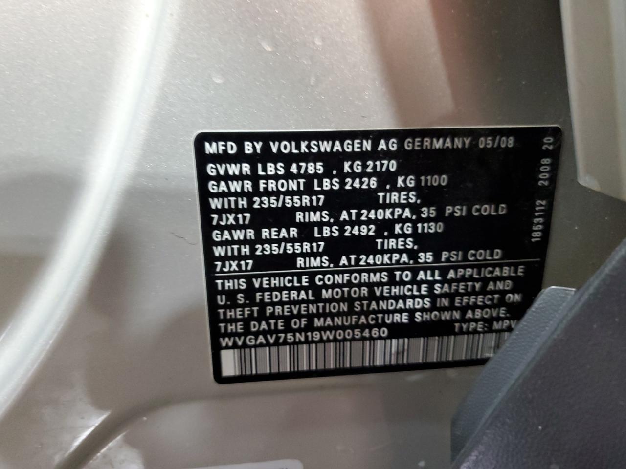 2009 Volkswagen Tiguan S VIN: WVGAV75N19W005460 Lot: 66449305