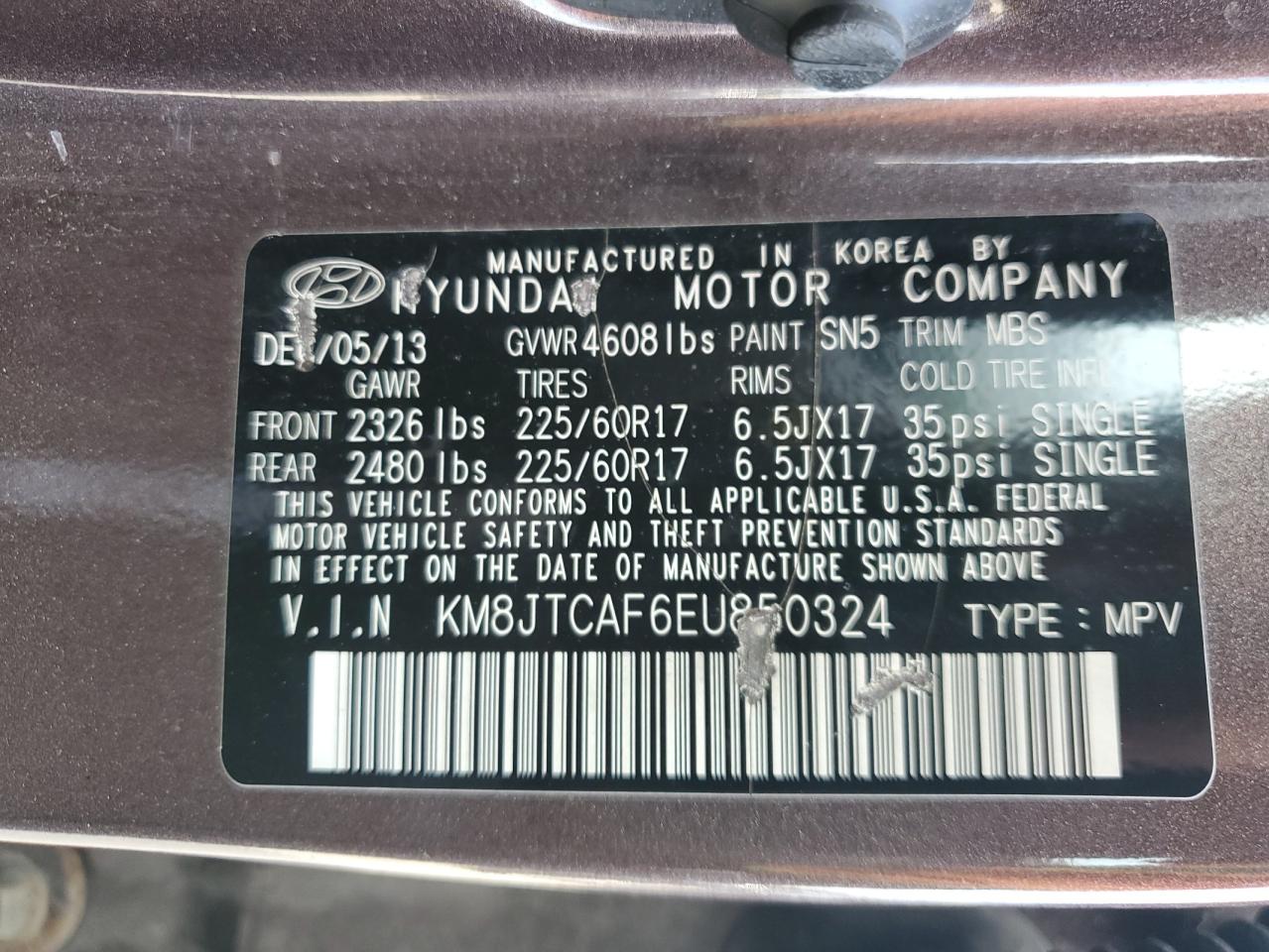 2014 Hyundai Tucson Gls VIN: KM8JTCAF6EU850324 Lot: 68700055