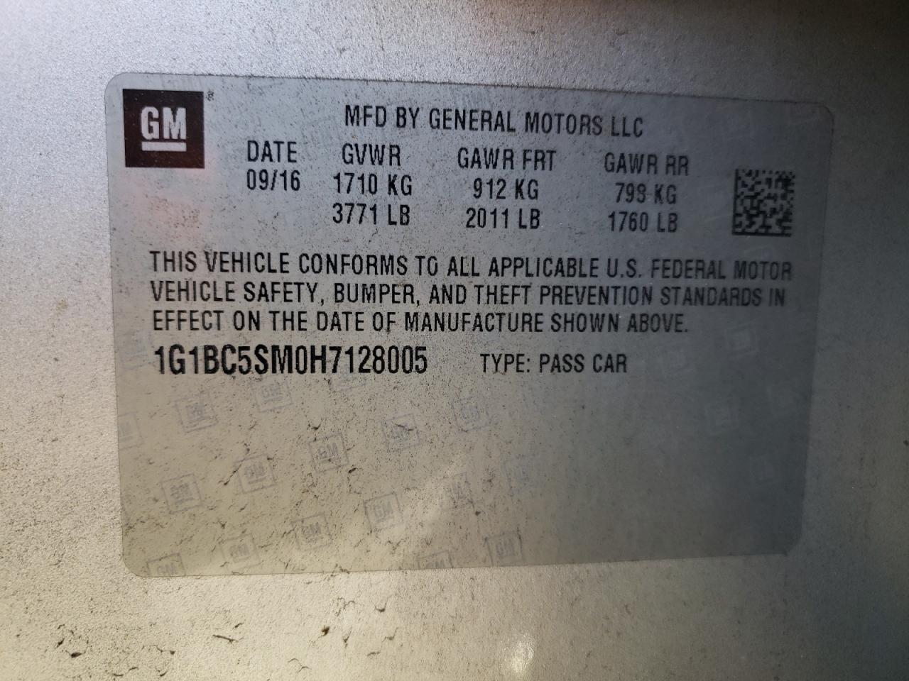 2017 Chevrolet Cruze Ls VIN: 1G1BC5SM0H7128005 Lot: 70384465