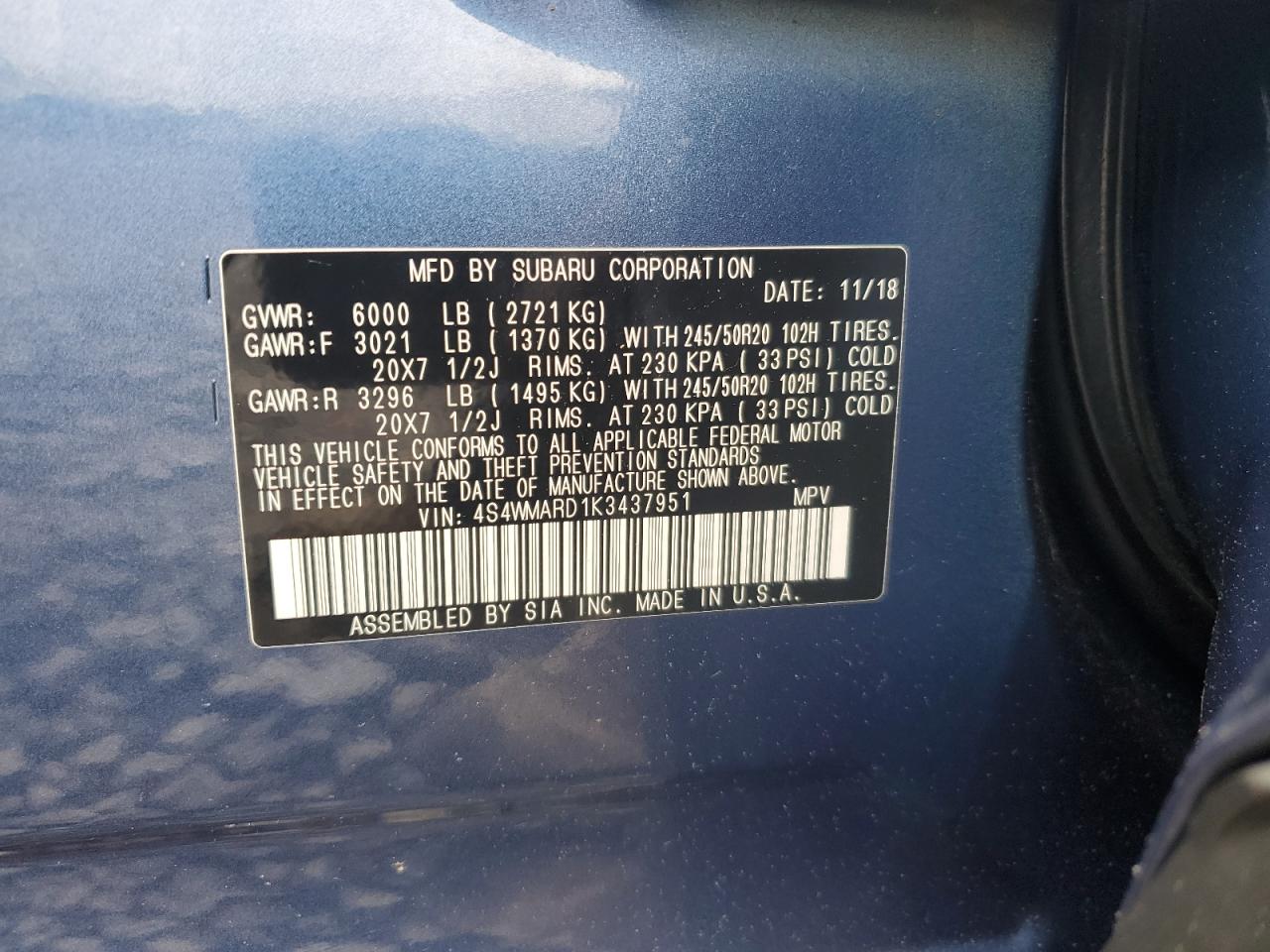 2019 Subaru Ascent Touring VIN: 4S4WMARD1K3437951 Lot: 67064285