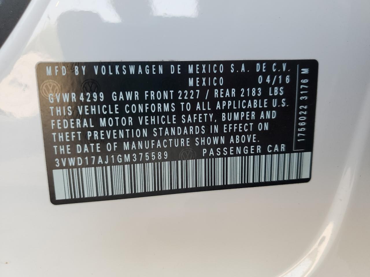 2016 Volkswagen Jetta Sport VIN: 3VWD17AJ1GM375589 Lot: 67072665