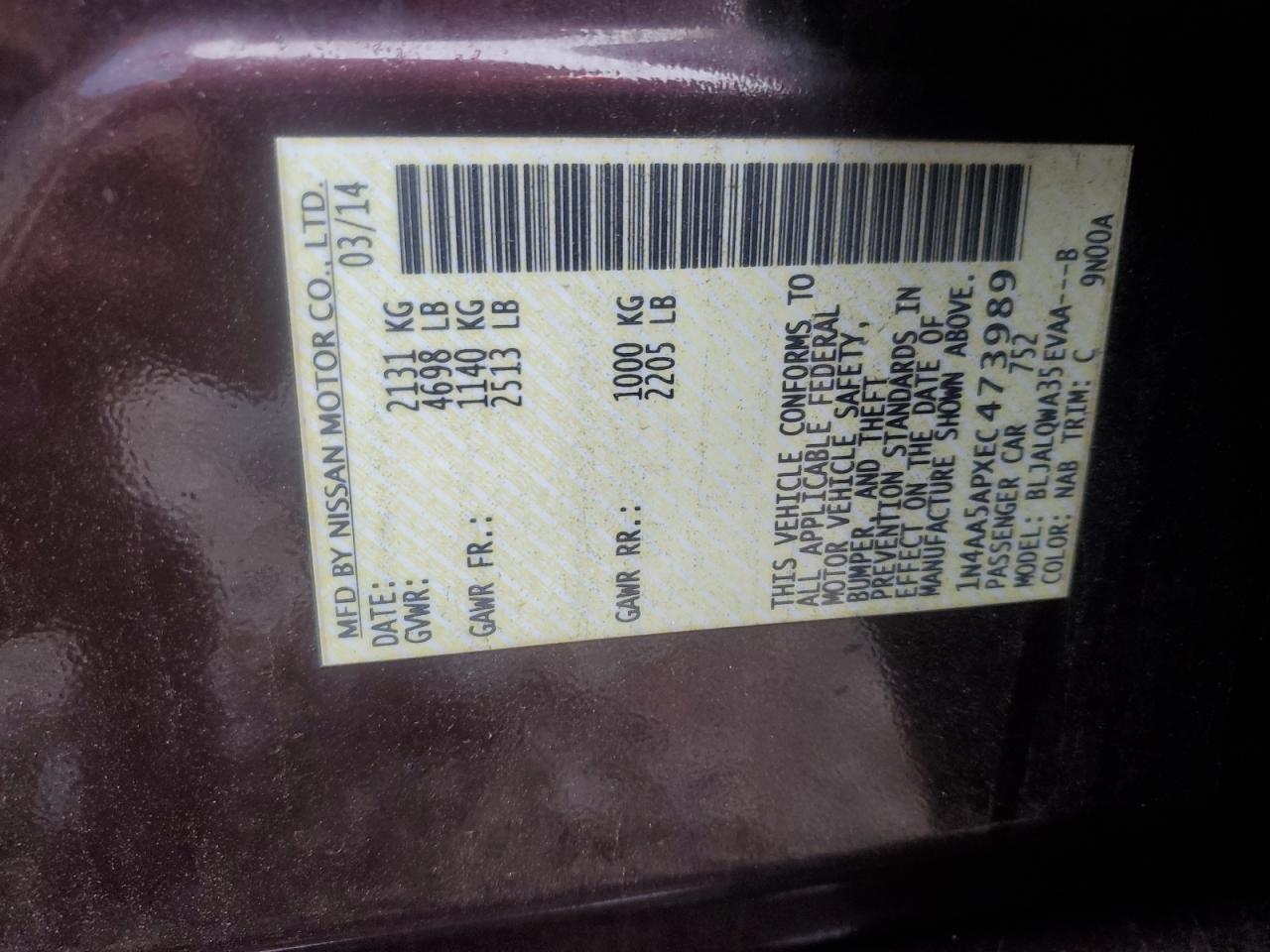 2014 Nissan Maxima S VIN: 1N4AA5APXEC473989 Lot: 67453435